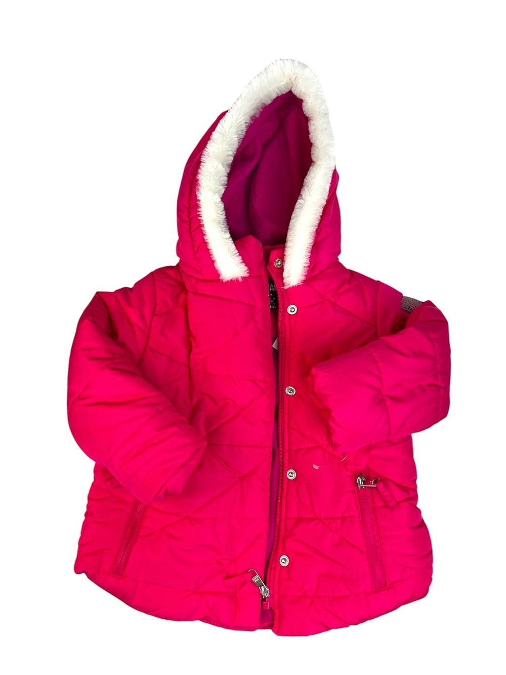 Steve Madden Girls 24M Hot Pink Quilted Puffer Coat Faux Fur Hood Winter Jacket